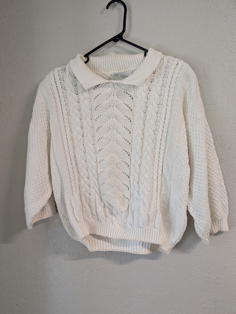 Vintage Cable Knit Collar Sweater L Cream Shoulder Pads Grannycore Cottagecore